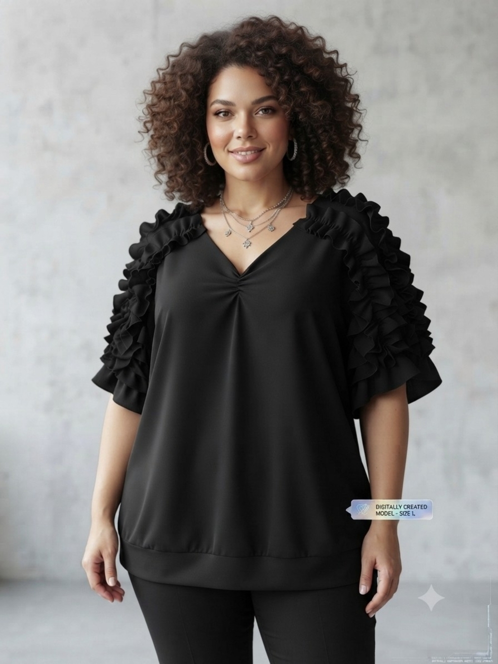 Black Ruffle Sleeve V-Neck Top - Women